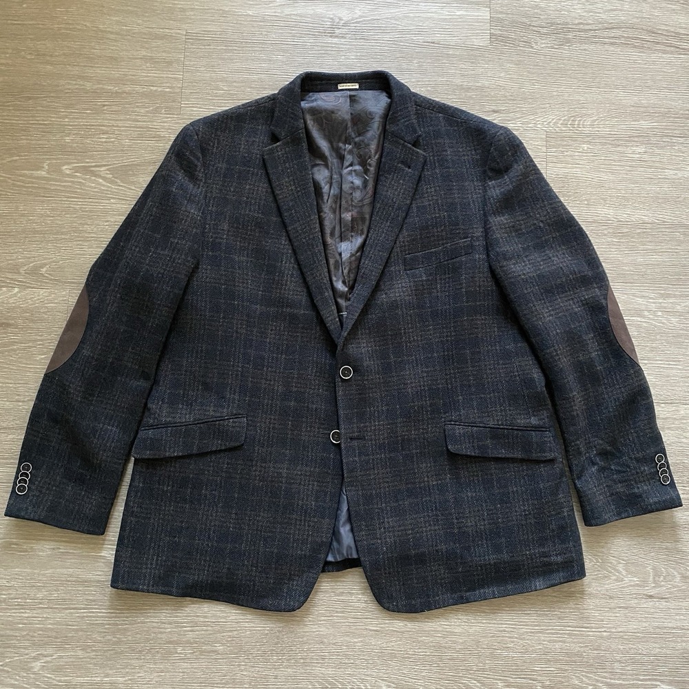 JOE Joseph Abboud Plaid Wool Jacket Men's 50R Gray Sport Coat Elbow Patch Preppy